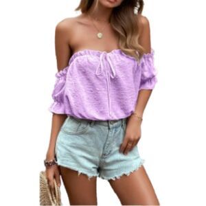 6810 Women's Casual Off-Shoulder Swiss Dot Blouse Tie Front Orchid Pink